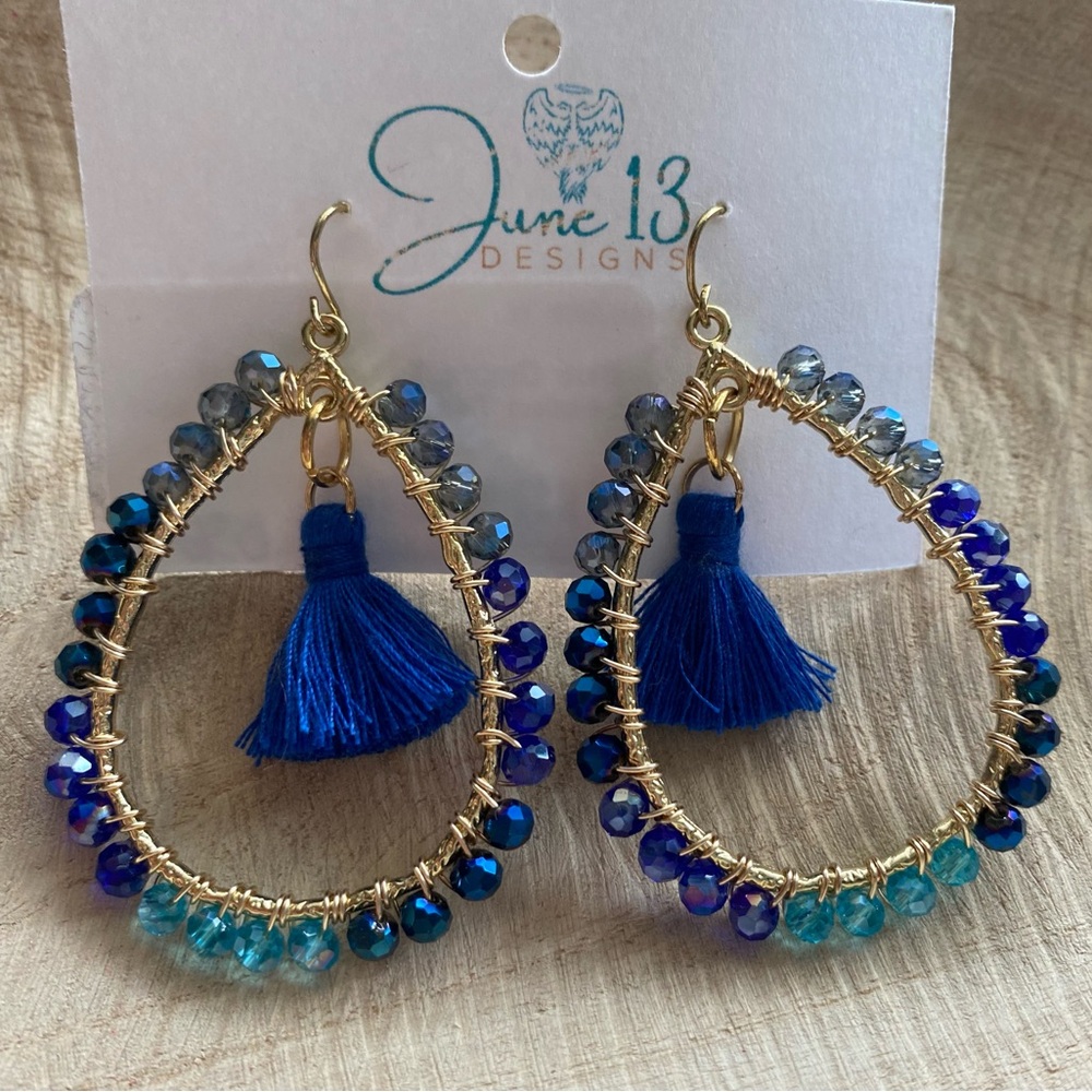 Blue Beaded Ombré and Gold Teardrop Earrings
